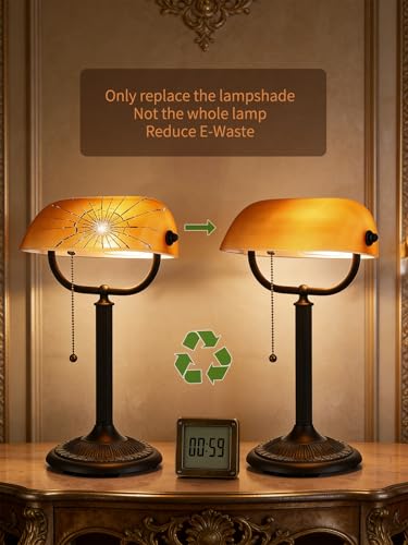 1-Minute Quick-Change Shade Matted Amber Glass Bankers Desk Lamp | Antique Plug in Fixture for Study Office Library,LED Bulb Included - color: Matted Amber