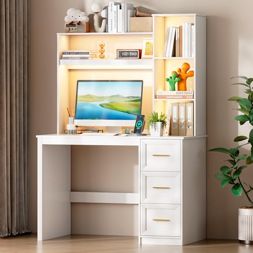 40” Home Office Desk with Hutch and Drawers, White | Modern Computer Desk with Adjustable LED Light and Charging Station, Storage Shelves, Writing Table for Bedroom Study Room - color: White-1