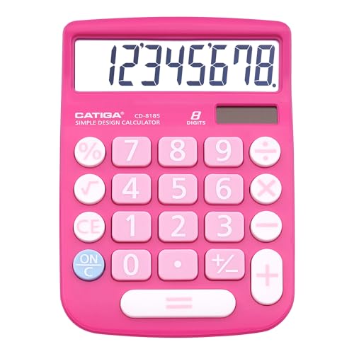 CATIGA Desktop Calculator 8 Digit with Solar Power and Easy to Read LCD Display, Big Buttons, for Home, Office, School, Class and Business, 4 Function Small Basic Calculators for Desk, CD-8185 - color: Pink