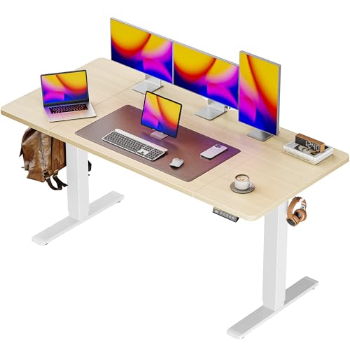 Huuger 55 x 28 Large Electric Standing Desk, Height Adjustable Desk, 27.6" Deep Desktop, Stand up Gaming Computer Office Desk with 2 Hooks, 3 Preset Heights, for Home Office, Maple - color: Maple, size: 55*28 inch (no outlets)