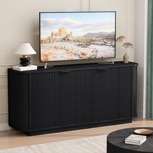 63" Sideboard Buffet Cabinet with Storage, Black Fluted Buffet Credenza with Adjustable Shelves, Mid Century Sideboards with 2 Doors, Modern Accent Console Cabinets for Living Room, Black - color: Black-63"l 2 Doors