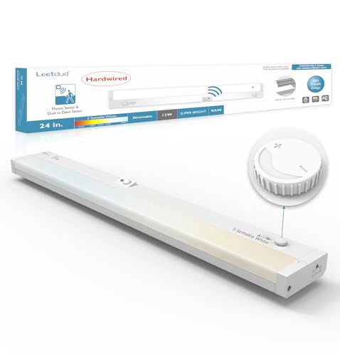 Leetdud LED Under Cabinet Lighting Motion Sensored Hardwired with Built-in Dimmer, 24 Inch 12W Dimmable 5 Color 2700/3000/3500/4000/5000K, Linkable Eyes Care for Kitchen, Counter, ETL Listed, White - color: Wihte, Built-in Dimmer, size: 24 inch