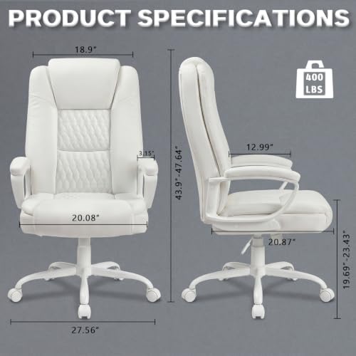 LEMBERI High Back PU Leather Executive Office Chair, Adjustable Swivel Computer Desk Chair with Padded Armrests for Home Office, White - color: White