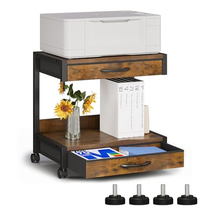 VENNQD 2-Tier Desktop Printer Stand with 2 Fabric Drawers, Prtiner Table with Storage Shelf, Desk Organizer for Home Office,3D Printer,Fax Machine,Scanner (Brown, 2 Tier) - color: Brown