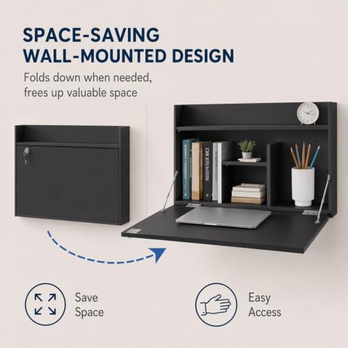 Wall Mounted Foldable Desk Cabinet with Lock, 29.9 Inch Floating Desk & Storage Shelf, Space Saving Fold Down Table for Small Spaces, Home Office, Study, Holds 44 lbs (Black, 76*43*40cm)
