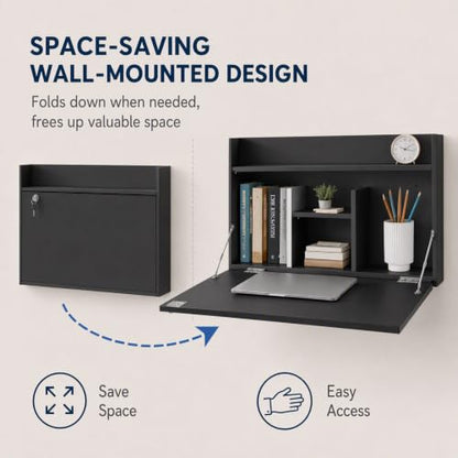 Wall Mounted Foldable Desk Cabinet with Lock, 29.9 Inch Floating Desk & Storage Shelf, Space Saving Fold Down Table for Small Spaces, Home Office, Study, Holds 44 lbs (Black, 76*43*40cm)