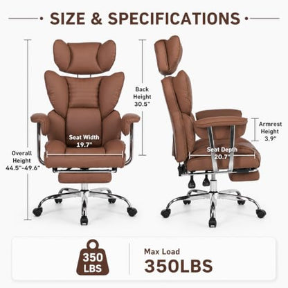 Big and Tall Office Chair, Ergonomic Executive Desk Chair with Footrest and Lumbar Support, Heavy Duty PU Leather Reclining Computer Chair with Extra Wide Seat for Home Office, Brown - color: Brown