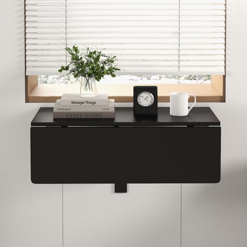 Wall Mounted Folding Table, 31.5" x 23.5" Floating Desk for Small Space, Countertop Extension Fold Down, Laundry Folding Table, Hanging Drop Leaf Table for Apartment, Study, Bedroom (Black) - color: Black