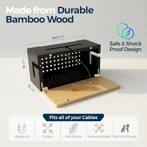 Cable Management Box Bamboo 9.6x5.1x4.3in, Black, Wall Mount Kit Included - color: Black S