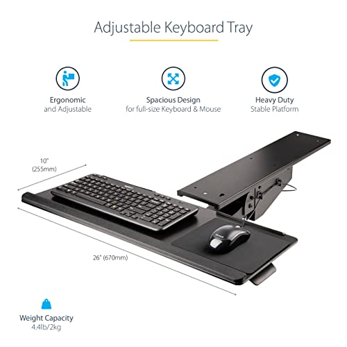 StarTech Under Desk Keyboard Tray, 10" x 26" Platform (KBTRAYADJ2) | Full Motion & Height Adjustable Keyboard and Mouse Tray, Mount Computer, Pad Wrist Rest - style: Full Motion