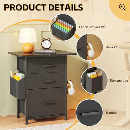 Mexin 3 Drawer File Cabinet with 22'' Extended Desktop, Mobile Filing Cabinet, Printer Stand, Rolling Printer Stand with Side Bag, Fabric Drawer, Fits A4 Size, Home Office, Black - color: Black