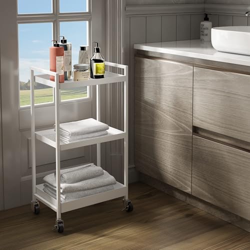 3-Tier Metal Utility Rolling Cart, Rectangular Cart with Lockable Casters, Kitchen Storage Carts Suitable for Office, Bathroom, Kitchen - White(12.1" D x 17.7" W x 31.2" H) - color: White