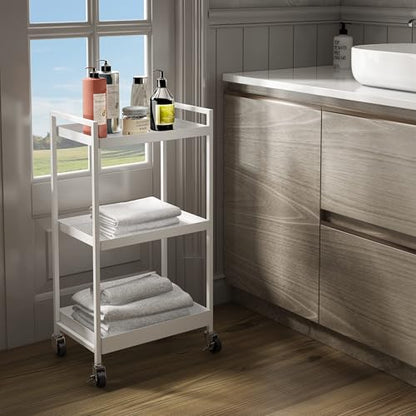 3-Tier Metal Utility Rolling Cart, Rectangular Cart with Lockable Casters, Kitchen Storage Carts Suitable for Office, Bathroom, Kitchen - White(12.1" D x 17.7" W x 31.2" H) - color: White