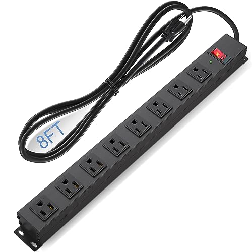 8 Outlet Power Strip Surge Protector, 8 Feet Metal Power Strip Heavy Duty with Switch for Home Office School Shop Garage, Wall Mount with Screw, 2100J 15A 125V 1875W, 14AWG, Black - size: 8ft cord