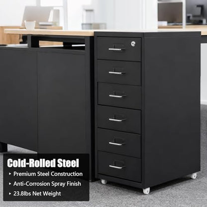Vertical File Cabinet, 6 Drawer Black Metal File Cabinet with Lock for Office Under Desk Storage – Filing Cabinet on Wheels, Removable Multi Drawer Cabinet for Home Dresser, Black