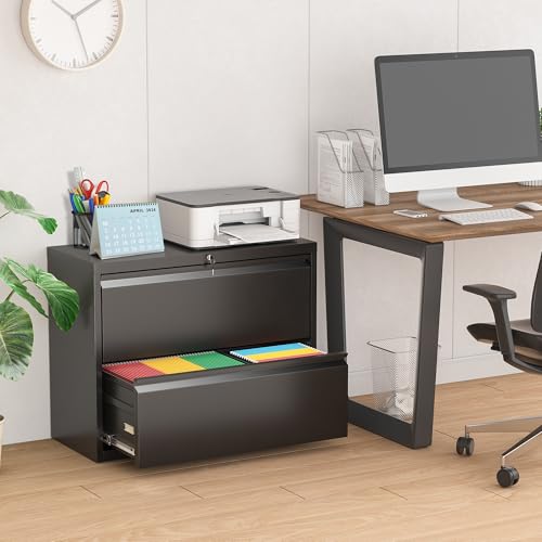 Pataku Lateral File Cabinet, 2 Drawer File Cabinet with Lock, Black Filing Cabinets for Home Office, Metal File Cabinet for Hanging Files/Letters/Legal/F4/A4(2Drawer/Black) - color: Black, size: 2 drawer