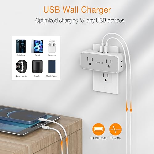 TESSAN Wall Outlet Extender, Multi Plug Mini Wall Expander, Grey - color: Grey with USB-A, size: 7 Outlets