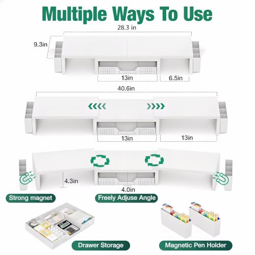 OPNICE Desk Organizer and Accessories, Computer Monitor Stand Riser with Drawer and 2 Pen Holders, Laptop Stand, Office Desk Accessories for Office Supplies, White - color: White 1-Pack, size: 40.6" x 9.3" x 4.3"