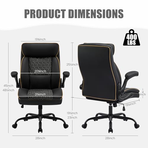 Leather Executive Office Chair, Computer Desk Chair with Lumbar Support, Comfortable Home Office Chairs 400lbs with Padded Flip-up Armrests, Height Adjustable, Tilting Function, Black - color: Black