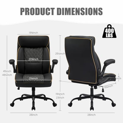 Leather Executive Office Chair, Computer Desk Chair with Lumbar Support, Comfortable Home Office Chairs 400lbs with Padded Flip-up Armrests, Height Adjustable, Tilting Function, Black - color: Black