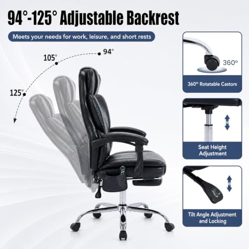 MALOL Executive Office Chair, 22.05" Wide Leather Ergonomic Office Chair with Lumbar Support, Footrest and 6-Point Vibration Massage, Reclines 94°-125° for Home Office Room, Black