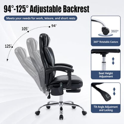 MALOL Executive Office Chair, 22.05" Wide Leather Ergonomic Office Chair with Lumbar Support, Footrest and 6-Point Vibration Massage, Reclines 94°-125° for Home Office Room, Black