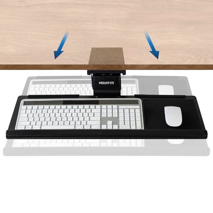 Mount-It! Under Desk Keyboard Tray, Adjustable Slide-Out Keyboard & Mouse Platform, 26.38" W × 10" D, Ergonomic Wrist Rest, Height Tilt & Swivel, Heavy-Duty Bolt-On Keyboard Drawer for Home Office