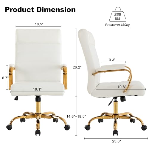 Office Desk Chair,Modern Leather Conference Room Chairs,High Back Home ofiice Chair,Adjustable Height Swivel Executive Computer Chair with Armrest and Padded Seat,White/Gold - color: White/Gold Frame