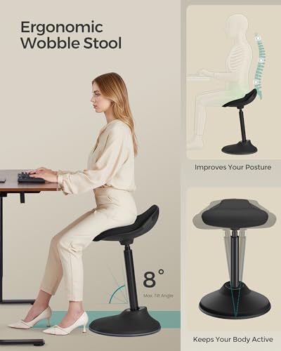SONGMICS Ergonomic Wobble Stool, Height Adjustable Swivel Balance Chair - color: Ink Black (Fabric Upholstery), size: 16.5"D x 15"W