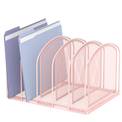 5-Section File Organizer for Desk, Metal File Folder Holder, Pink | 5 Vertical Compartments with Sturdy Metal Base for Office Documents Books Magazines and Laptop - color: Pink, size: 5 Section