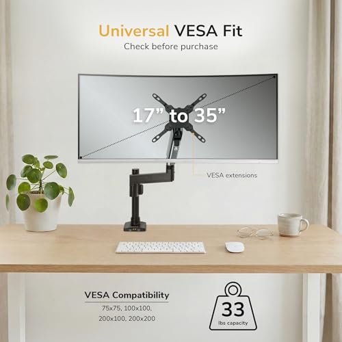 Mount-It! Ultrawide Monitor Arm, Heavy-Duty Gas Spring Desk Mount for 17–35” Curved Screens up to 33 lbs, Full Motion Height Adjustable Monitor Arm with USB 3.0 & Audio Ports, VESA 75/100/200