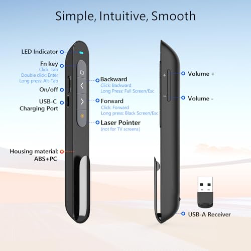 Norwii N76 Bluetooth Presentation Clicker for PowerPoint Presentations - color: Red - Rechg. - USB-A&BLE