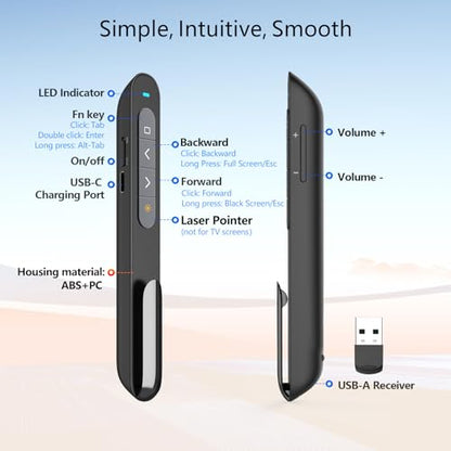 Norwii N76 Bluetooth Presentation Clicker for PowerPoint Presentations - color: Red - Rechg. - USB-A&BLE
