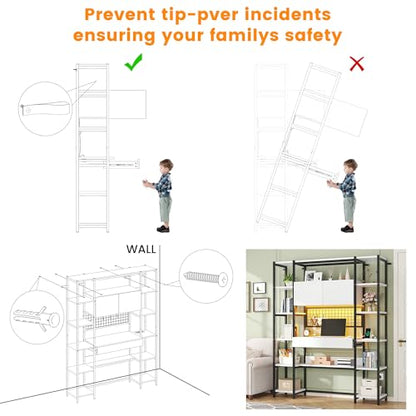 Triple Width 5 Tier Bookshelf with Sorage Cabinet,70.87"large Bookshelf with 12 Open Display Shelves,Industrial Bookshelf LED Lighting and Power Outlet.Suitable for Office Bedroom, Black+White - color: Black+white