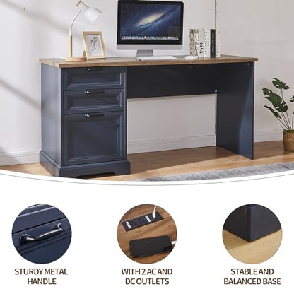 60" Farmhouse Executive Desk with Charging Station,Home Office Desk with 2 Drawers &1 File Cabinet,Wood Work Desk for Office and Home (Blue) - color: Blue