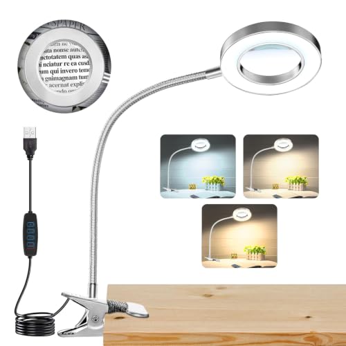 10X Magnifying Glass with Light and Stand,Hands Free Clip on Magnifier Lamp - color: Gray