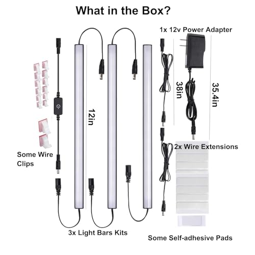 Martronic Black Under Cabinet Lighting Kits, 3-Pack 12In Dimmable LED Under Cabinet Lights Bars with 12V Power Adapter, 6000K Cool White Kitchen Under Counter Lights for Kitchen Cabinets, Book Shelves