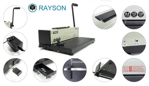 Rayson PD-1501 Coil Binding Machine with Inserter, 4:1 Pitch, 46 Holes | 46 round holes for A4-size sheets; electric coil inserter handles coils up to 7/8 inch for faster spiral binding.