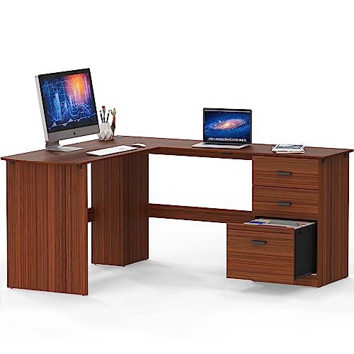 SHW L-Shaped Home Office Wood Corner Desk w/Box Box File Drawers, Walnut | 51 x 59 Inches | 2 Pre-installed Grommets - color: Walnut