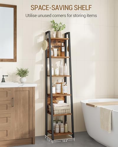 Hzuaneri Ladder Shelf, 6 Tier Narrow Bookshelf with 2 Back Panels | Corner Storage shelf with 2 Hooks, for Home Office, Living room and Bedroom, 12.2"D x 12.2"W x 63"H, Rustic Brown BC31601B - size: 12.2"D x 12.2"W x 63"H