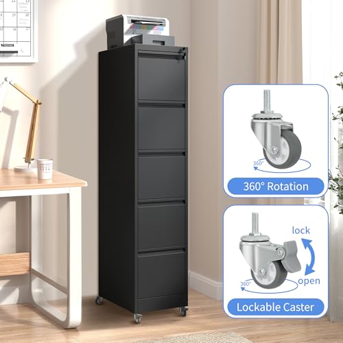 5 Drawer File Cabinet with Wheels, Metal Mobile File Cabinet with Lock, Rolling Filing Cabinet Home Office for Hanging File Folders, Letter Size, Legal Size, A4 Size, Require-Assembled, Black - color: Black, size: 64.10"H-5 Drawer