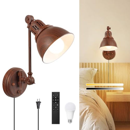 GOODATE 1 Pack Plug in Wall Sconce with Remote Control, Dimming, Adjustable Colors 2700K-6500K, Plug in Wall Light, Swing Arm Wall Lamp with Night Light & Timer, LED Bulb Included, Walnut Finish - size: Walnut-1 PACK(Bulb+Remote)