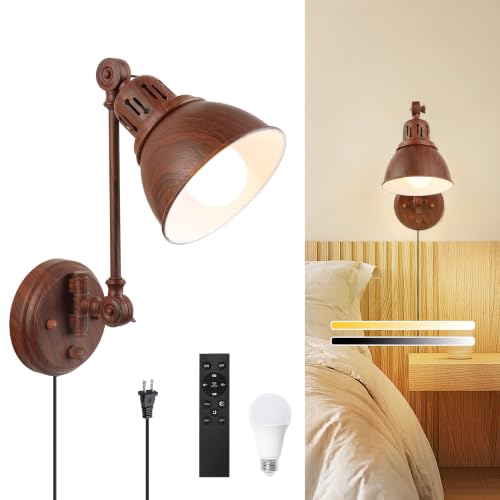 GOODATE 1 Pack Plug in Wall Sconce with Remote Control, Dimming, Adjustable Colors 2700K-6500K, Plug in Wall Light, Swing Arm Wall Lamp with Night Light & Timer, LED Bulb Included, Walnut Finish - size: Walnut-1 PACK(Bulb+Remote)