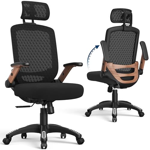 GABRYLLY Ergonomic Office Chair, High Back Home Desk Chair with Flip-Up Arms, 3D Headrest, Thick Sponge Seat &90-120° Recline, Big and Tall Mesh Executive Chairs for Man Woman, Black Woodgrain - color: Black Woodgrain