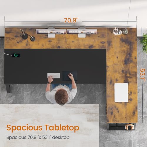 UPOSOJA 71" L Shaped Executive Desk, Office Desk with Storage Drawers - color: Brown, size: 2 Drawers