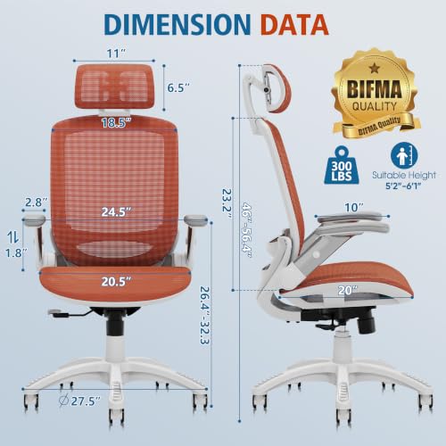 GABRYLLY Ergonomic Office Chair, High Back Home Desk Chair with 2D Flip-Up Arms, 3D Headrest, 90-120° Tilt and Wide Cushion, Big and Tall Mesh Chairs for Man Woman, Computer Task Chair Orange - color: White Frame Orange Mesh