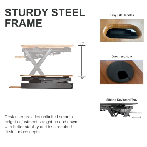 Rocelco 46" Large Height Adjustable Standing Desk Converter - Quick Sit Stand Up Triple Monitor Riser - Gas Spring Computer Workstation - Retractable Keyboard Tray - Teak Wood Grain (R DADRT-46) - color: Teak/Black, size: 46", style: Riser Only