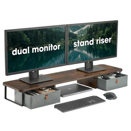 DuoStand Plus - 39” Dual Monitor Riser for Desk with 2 Drawers - Wood & Steel Double Monitor Stand with Storage - Desk Organizer Shelf for Desktop Computer, Laptop, TV & Printer (Rustic Wood) - color: Rustic Wood