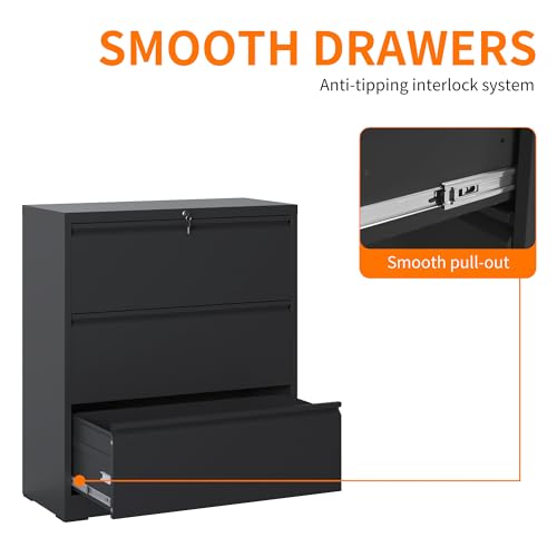 3 Drawer Lateral File Cabinet with Lock,Black Home Office Cabinet | Heavy Duty Large Steel Filing Cabinets Wide Storage Cabinet for Legal/Letter Size File,Assembly Required - size: Lateral-3 drawers