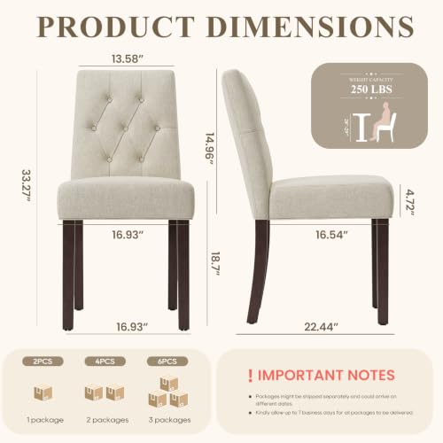 Upholstered Dining Chairs Set of 6, Modern Fabric Dining Chairs with Tufted Design, Kitchen Side Chairs, Farmhouse Dinner Chair with Wood Legs for Kitchen Restaurant Living Room, Beige - color: Beige, size: Set of 6